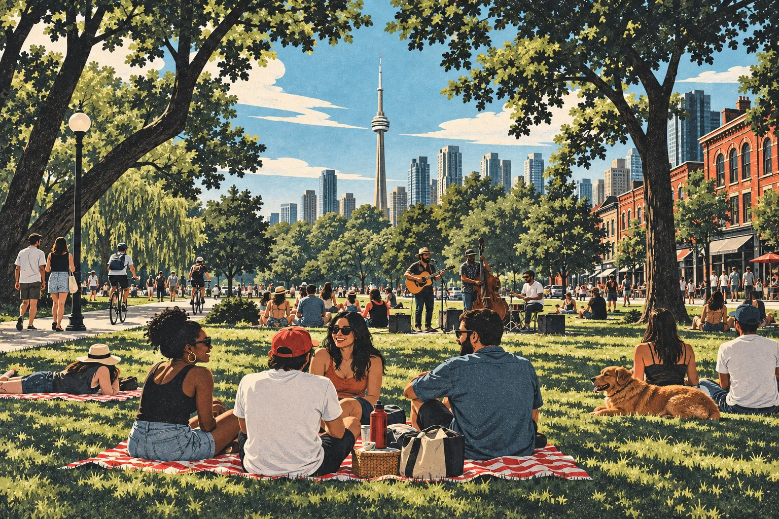 Print-style scene of people enjoying music and a summer afternoon in Trinity Bellwoods