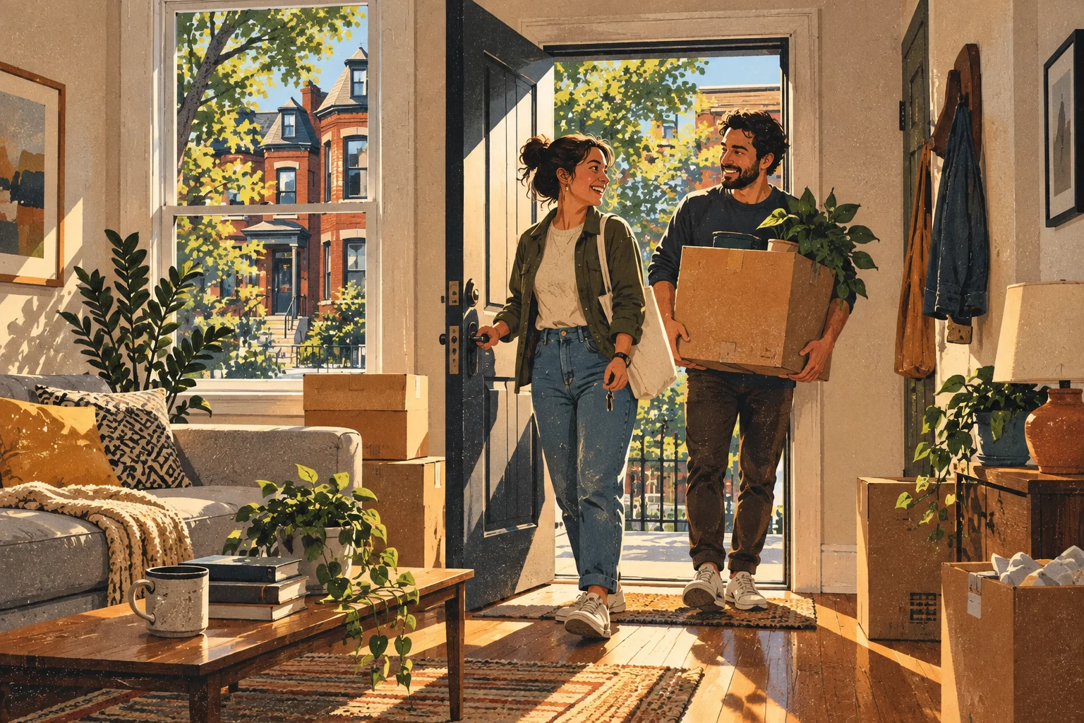 Print-style scene inside a Toronto home as two residents enter with keys, moving boxes and a plant
