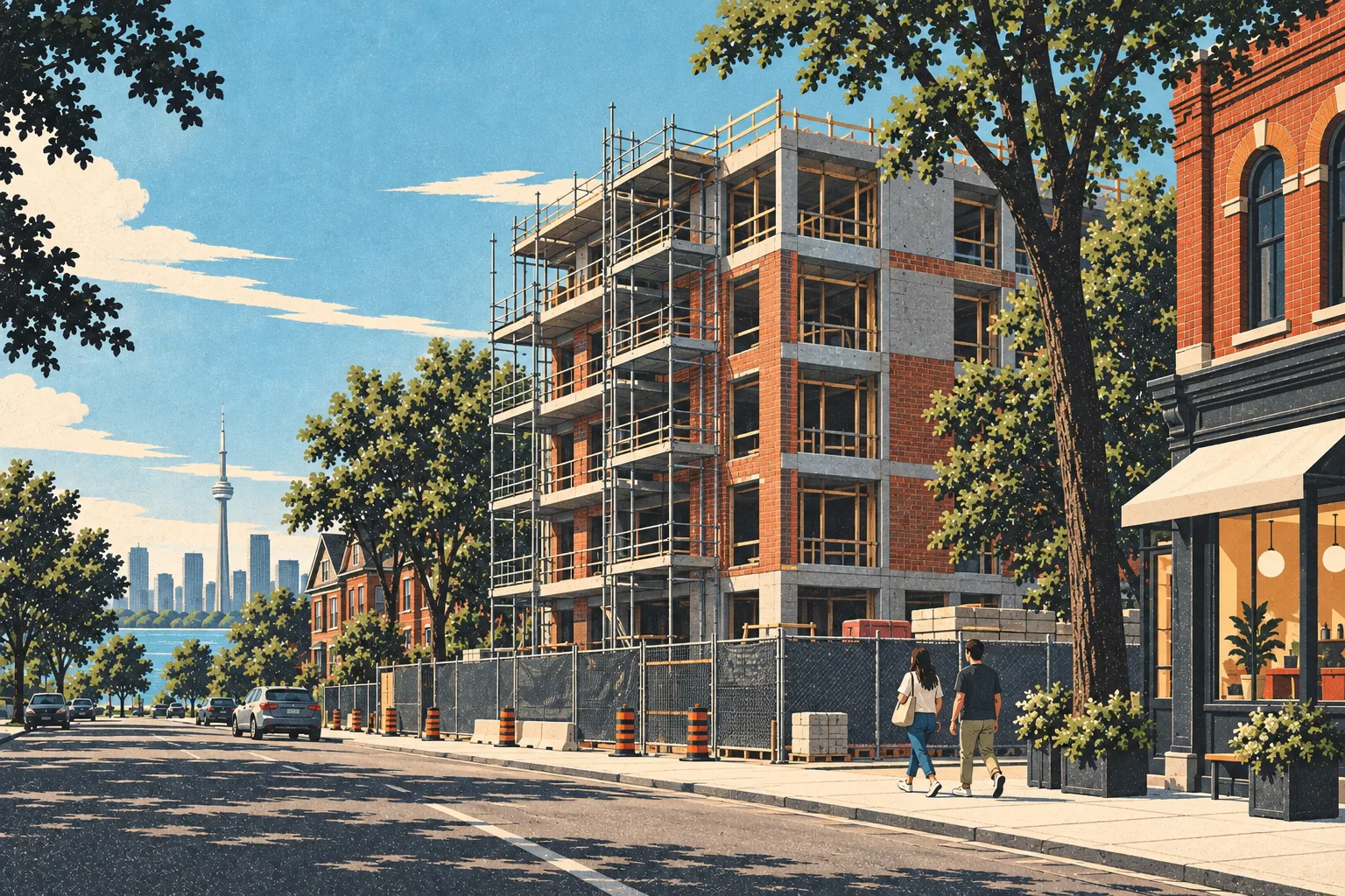 Print-style scene of a fenced, unfinished apartment building on a Toronto neighbourhood street