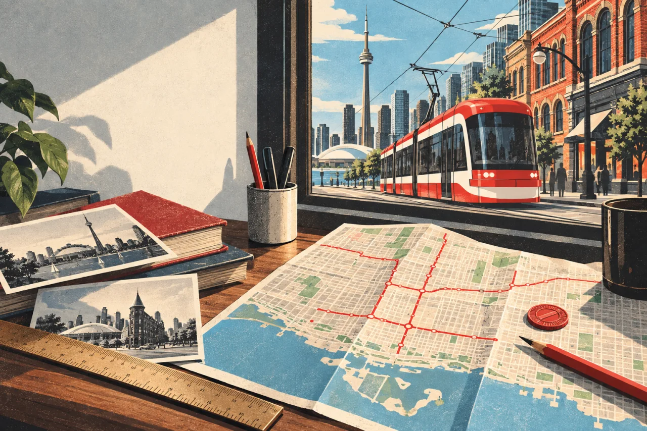Print-style illustration of a Toronto map, papers and pencil on a desk