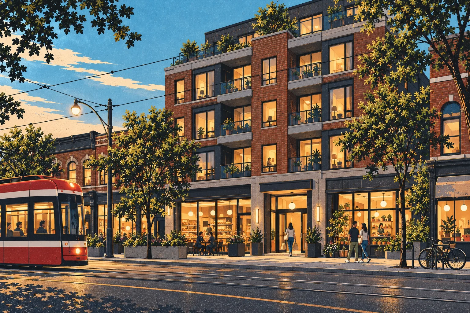 Illustrated occupied mid-rise on a Toronto avenue, with lit apartments and neighbourhood shops below