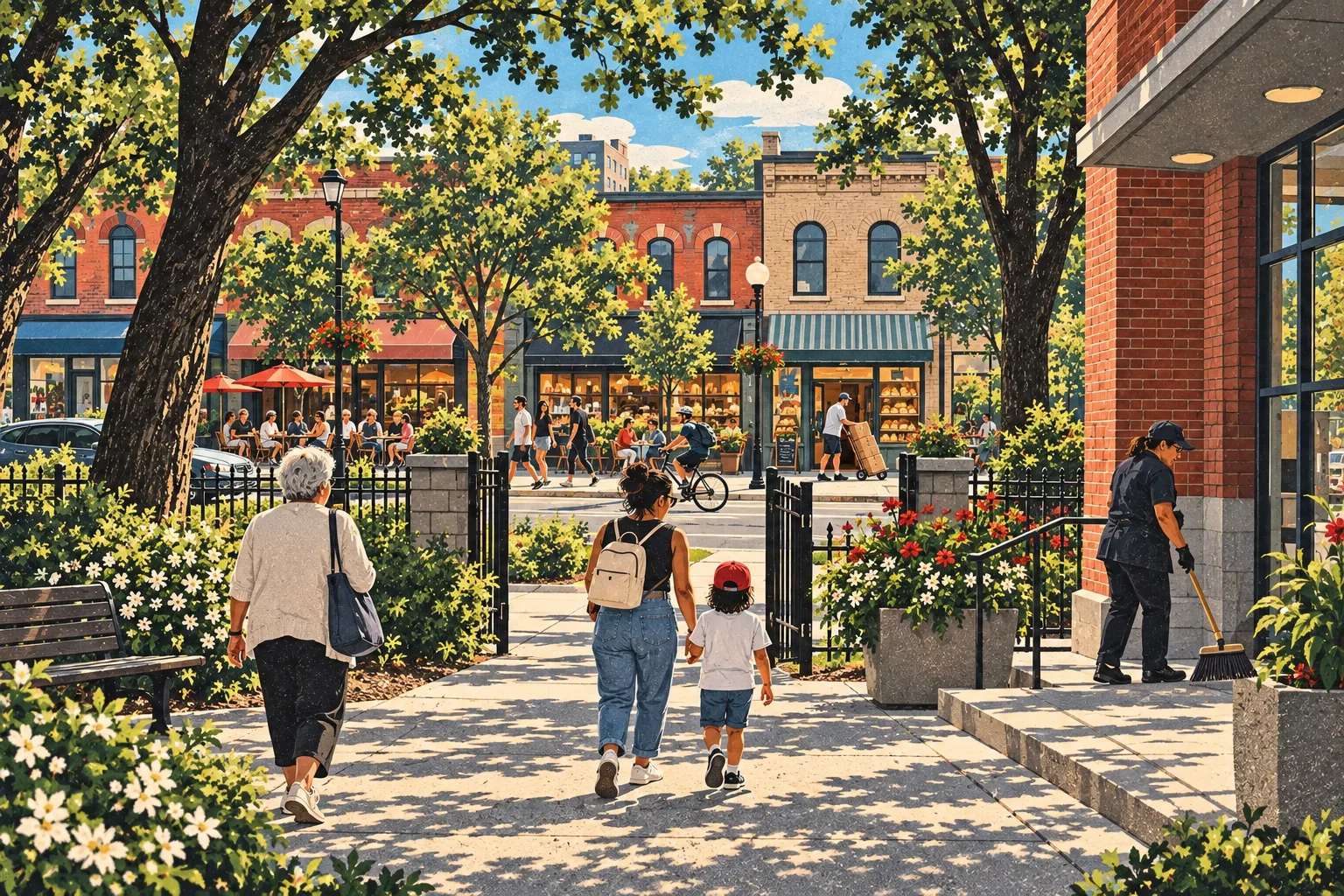 Illustrated Toronto park path leading past a community centre toward local shops and workers
