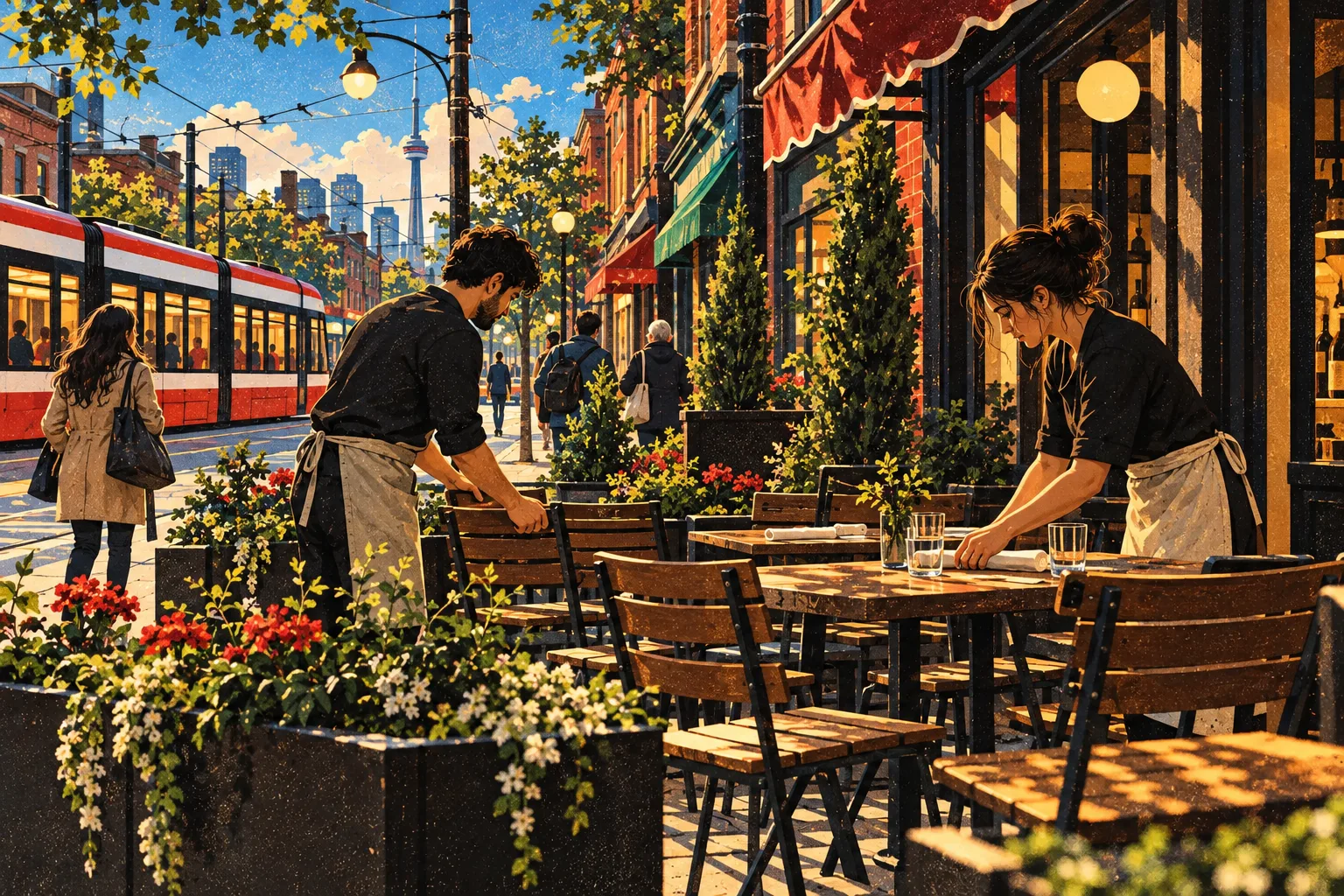 Illustration of two Toronto restaurant workers setting up a street patio before lunch