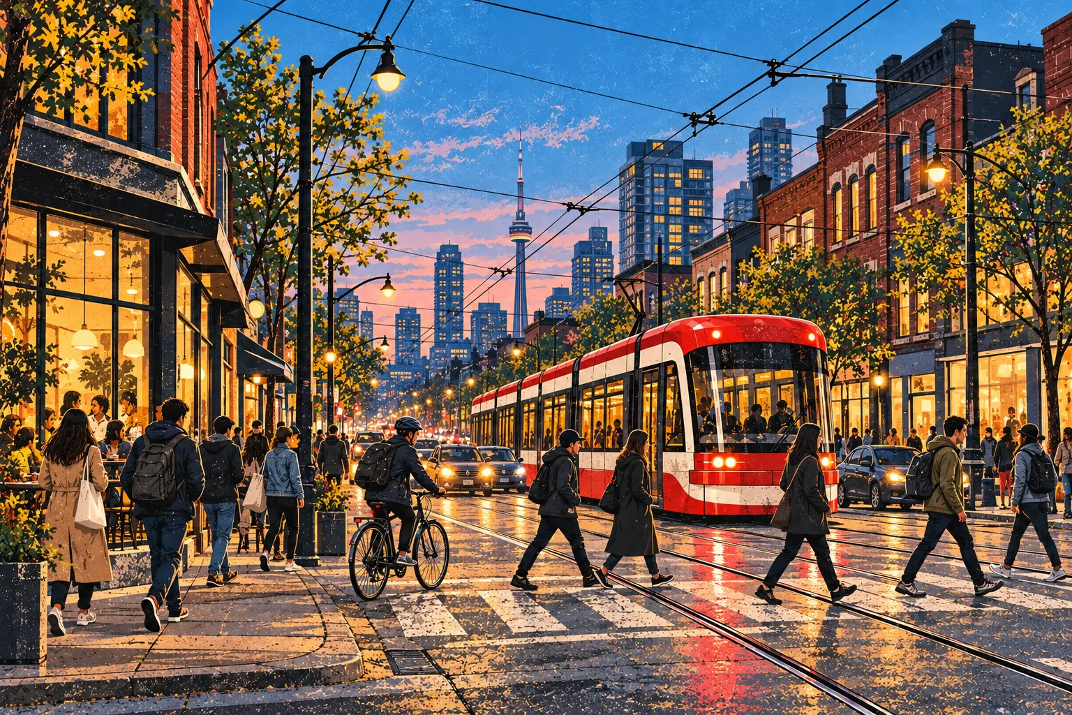 Illustrated Toronto street at dusk with a streetcar, pedestrians, shops and the CN Tower in the distance