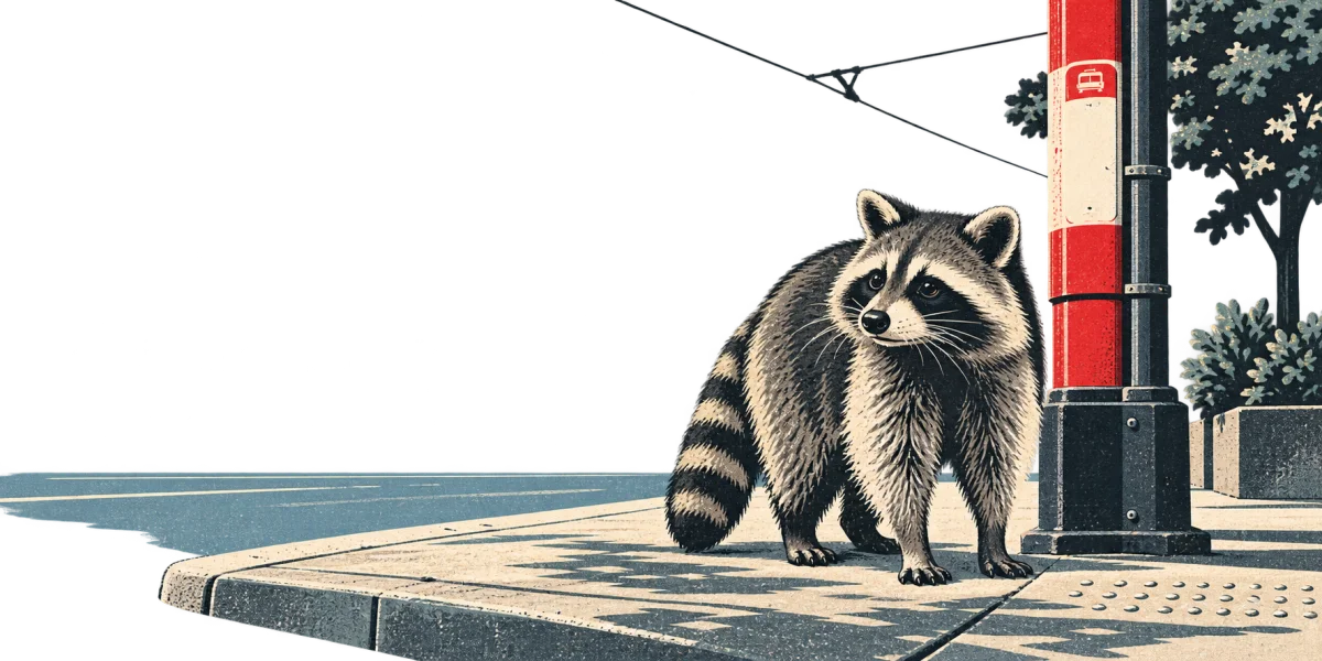 Print-style illustration of a Toronto raccoon waiting by a streetcar stop