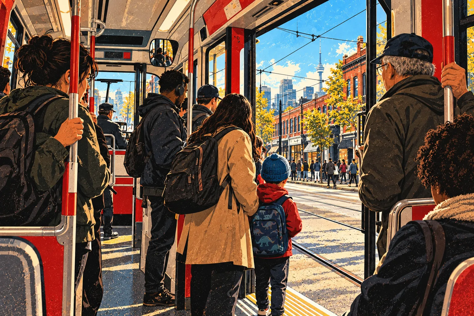 Illustration from inside a Toronto streetcar, with riders standing near the doors and Queen Street visible outside