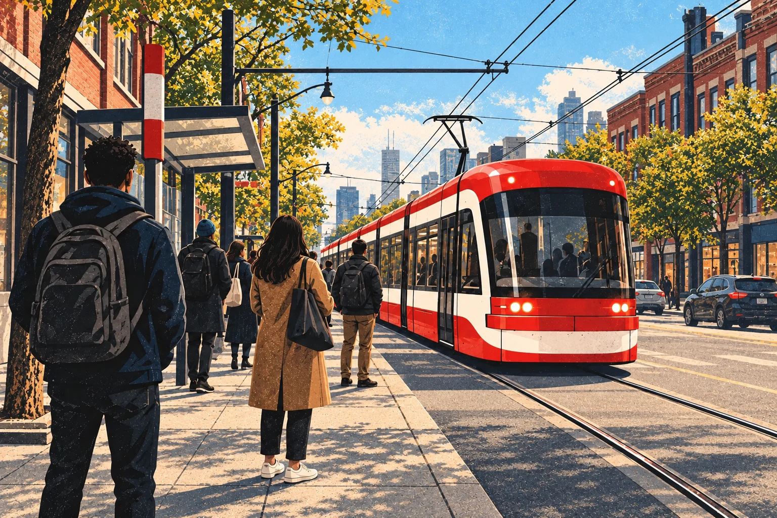 Print-style scene of commuters waiting for a TTC streetcar at a street-level Toronto stop